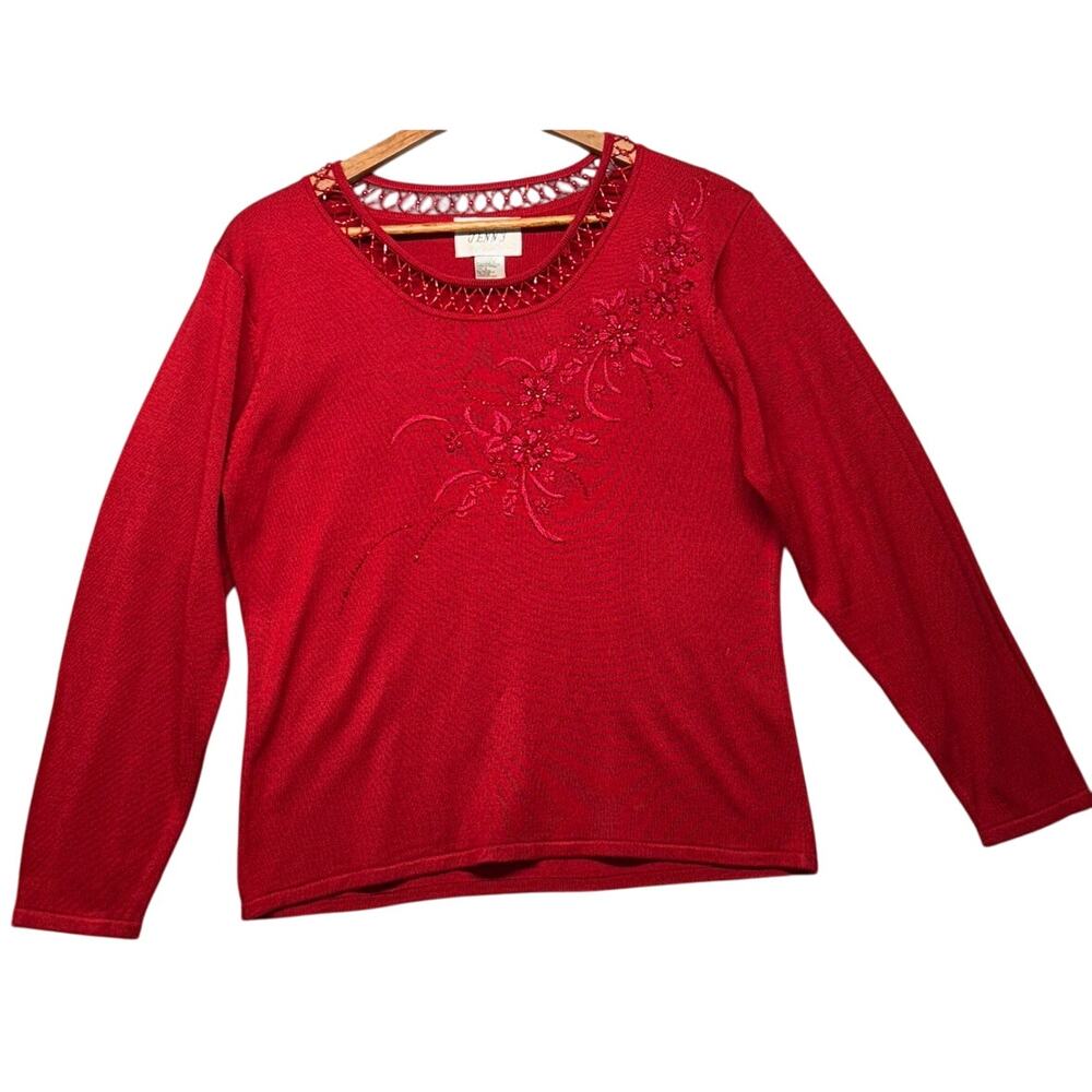 Jenny Vintage Red Floral Embroidered Beaded Cut Out Neck Holiday Festive Top L